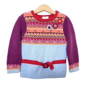 HANNA ANDERSSON Fair Isle 3D Floral Colorblock Sweater Size 90 Or US 3 Belted